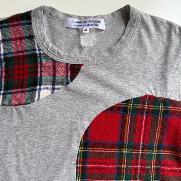 Vintage COMME DES GARCONS Gray Long Sleeve T Shirt with Round Plaid Patchwork -M - Picture 5 of 11